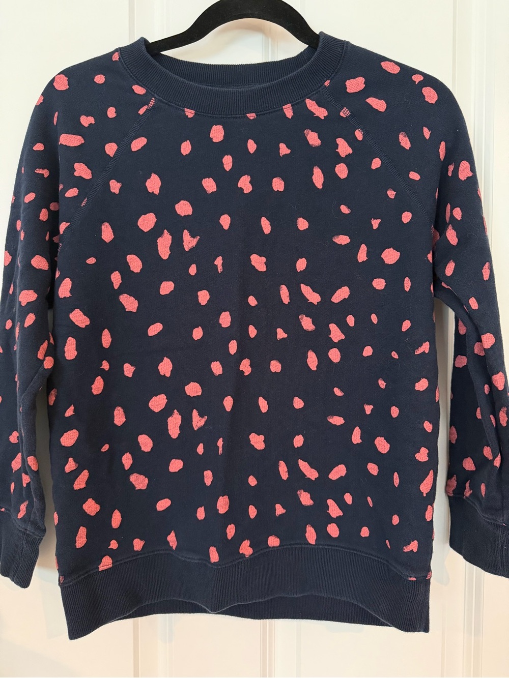 J. Crew Navy Crewneck Sweater with Pink Spot Print